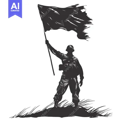Silhouette of a soldier raising a black flag on a hilltop