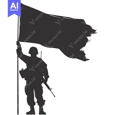 Aset premium populer: Silhouette of a soldier raising a torn flag