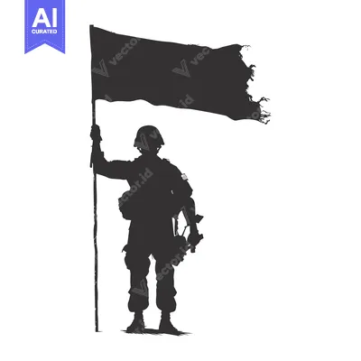 Aset desain premium: Silhouette of a Soldier Holding a Torn Flag