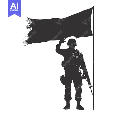 Silhouette of a Soldier Saluting with a Torn Flag