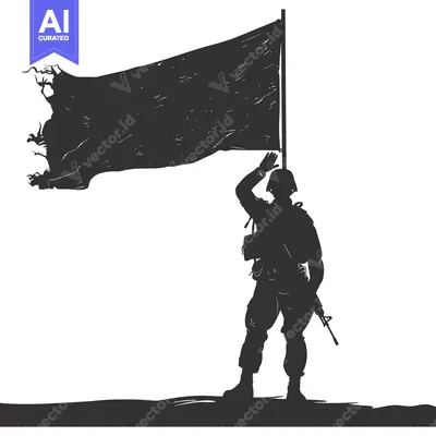 Aset desain premium: Silhouette of a Soldier Saluting with a Torn Flag