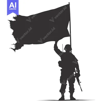 Aset desain premium: Silhouette of a Soldier Holding a Torn Flag