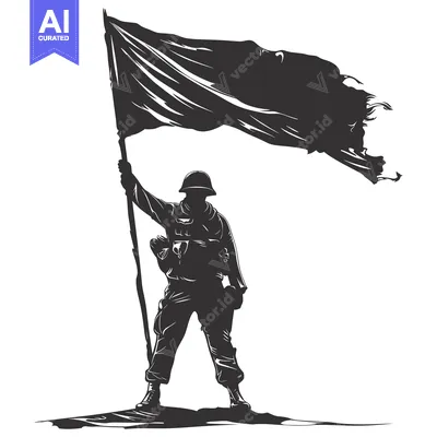 Aset desain premium: Silhouette of a soldier holding a flag high in the air