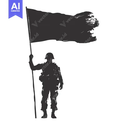 Aset desain premium: Silhouette of a Soldier Holding a Torn Flag