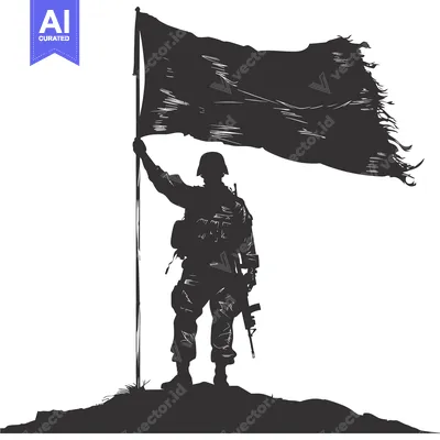 Silhouette of a Soldier Holding a Flag on a Hilltop