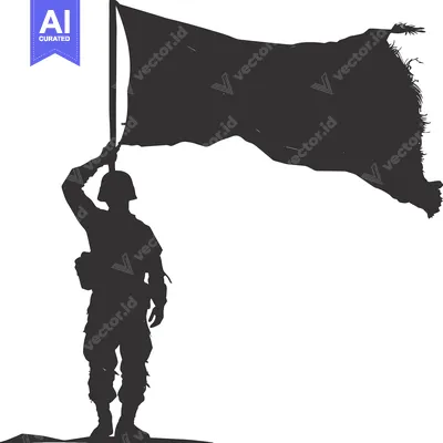 Silhouette of a Soldier Raising a Torn Flag
