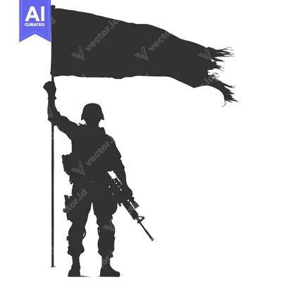 Silhouette of a Soldier Holding a Flag and a Rifle