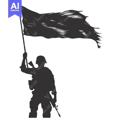 Aset premium populer: Silhouette of a soldier holding a flag and a rifle