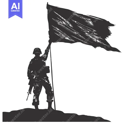 Aset desain premium: Silhouette of a Soldier Raising a Flag on a Hilltop