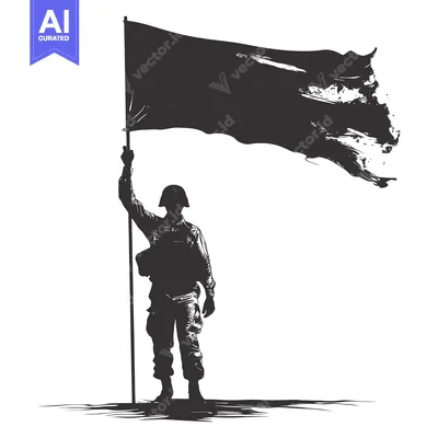 Aset desain premium: Silhouette of a Soldier Raising a Torn Flag