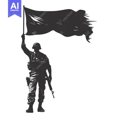 Aset desain premium: Silhouette of a Soldier Holding a Flag and a Rifle