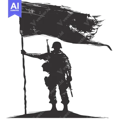 Aset premium populer: Silhouetted Soldier Holding Torn Flag and Rifle