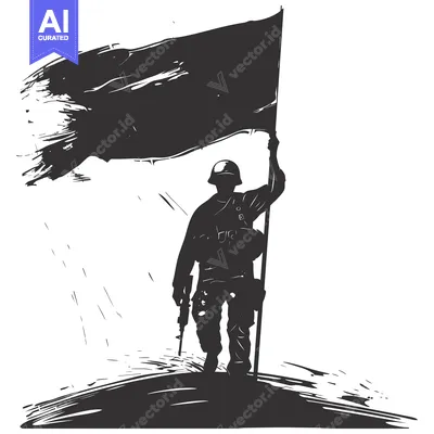 Aset premium populer: Silhouette of a soldier holding a flag high in the air with a gun in h
