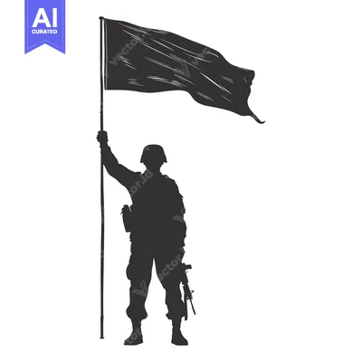 Aset desain premium: Silhouette of a Soldier Holding a Flag and a Rifle
