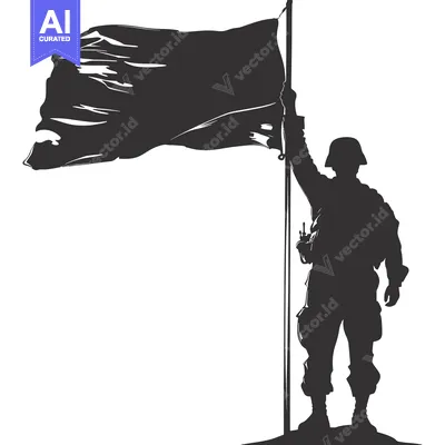 Aset desain premium: Silhouette of a Soldier Raising a Waving Flag