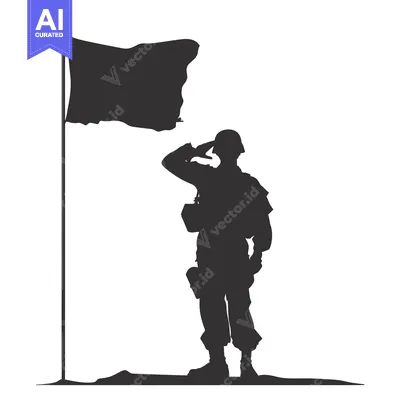 Silhouette of a soldier saluting a flagpole with a flag