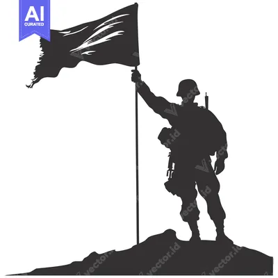 Silhouette of a Soldier Raising a Torn Flag on a Hilltop