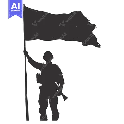 Aset desain premium: Silhouette of a Soldier Holding a Flag and Rifle