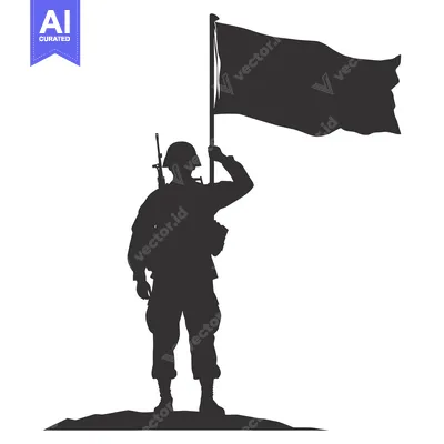 Silhouette of a Soldier Saluting and Holding a Flag on a Hilltop