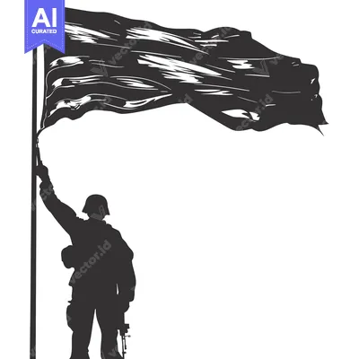 Aset desain premium: Silhouette of a Soldier Raising a Waving Flag