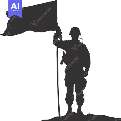Silhouette of a Soldier Raising a Flag on a Hilltop