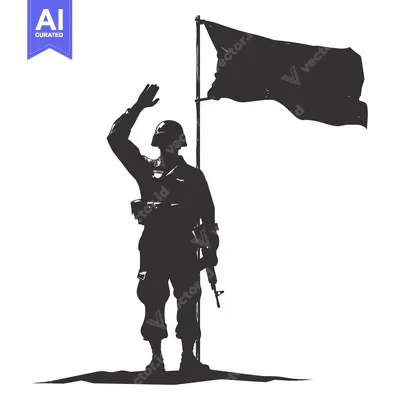 Aset desain premium: Silhouette of a soldier saluting with a flag behind him