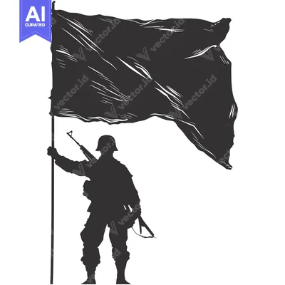 Aset desain premium: Silhouette of a Soldier Holding a Flag and Rifle