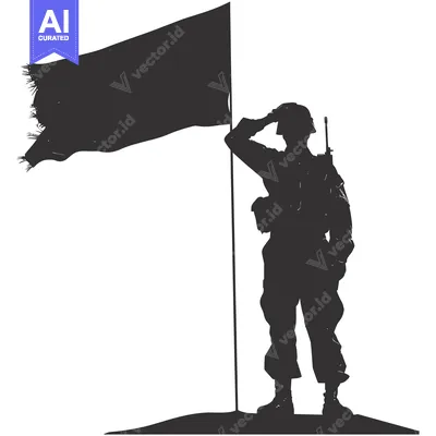 Aset desain premium: Silhouette of a Soldier Saluting a Flagpole with a Flag