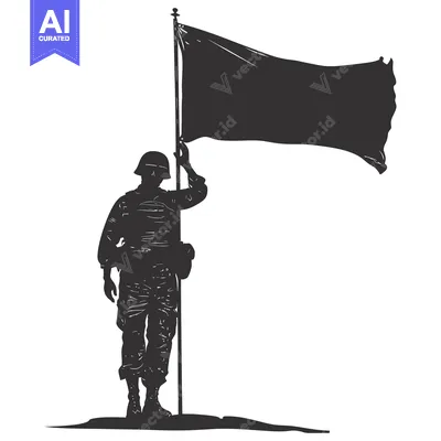 Silhouette of a Soldier Holding a Flagpole with a Blank Flag