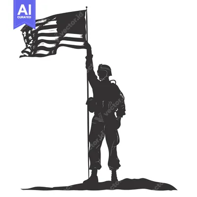 Aset desain premium: Silhouette of a Soldier Holding an American Flag