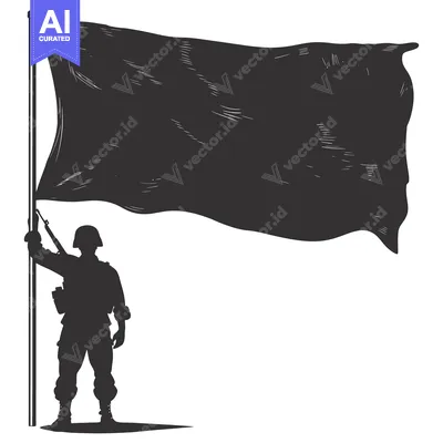 Silhouette of a soldier holding a flagpole with a black flag