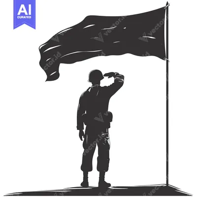 Aset premium populer: Silhouette of a soldier saluting a black flag on a pole