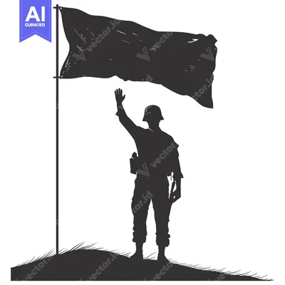 Silhouette of a Soldier Saluting a Flag on a Hilltop