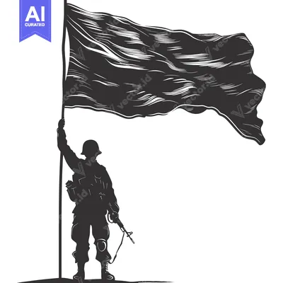 Aset premium populer: Silhouette of a Soldier Holding a Flag and a Gun