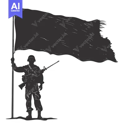 Silhouette of a Soldier Holding a Flagpole and a Rifle