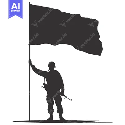 Aset desain premium: Silhouette of a Soldier Holding a Flag and a Rifle