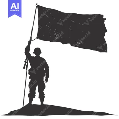 Silhouette of a Soldier Raising a Torn Flag on a Hilltop