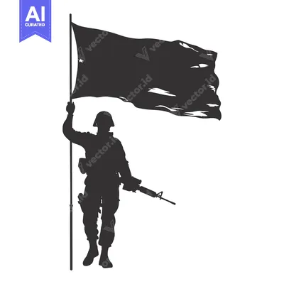 Aset desain premium: Silhouette of a Soldier Holding a Flag and a Rifle