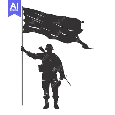 Silhouette of a Soldier Holding a Flag and a Rifle