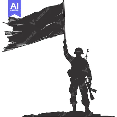 Aset premium populer: Silhouette of a Soldier Holding a Torn Flag and a Rifle