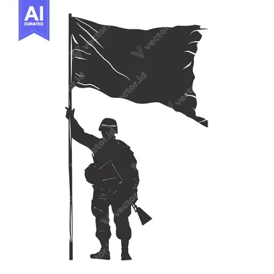 Silhouette of a Soldier Holding a Flagpole with a Waving Flag