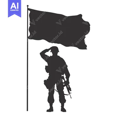 Aset desain premium: Silhouette of a Soldier Saluting with a Flag in the Background