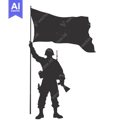 Aset desain premium: Silhouette of a Soldier Holding a Flag and a Rifle