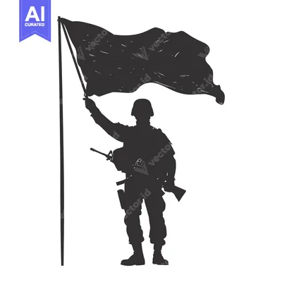 Aset desain premium: Silhouette of a Soldier Raising a Flag with a Rifle