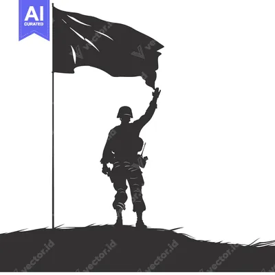 Silhouette of a Soldier Raising a Flag on a Hilltop