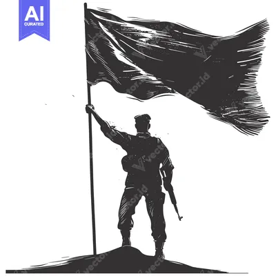Silhouette of a Soldier Holding a Flag on a Hilltop