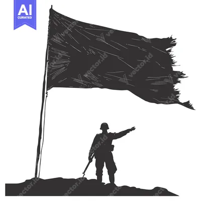 Silhouette of a Soldier Raising a Torn Flag on a Hilltop