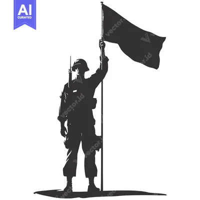 Aset desain premium: A Silhouette of a Soldier Holding a Flag High