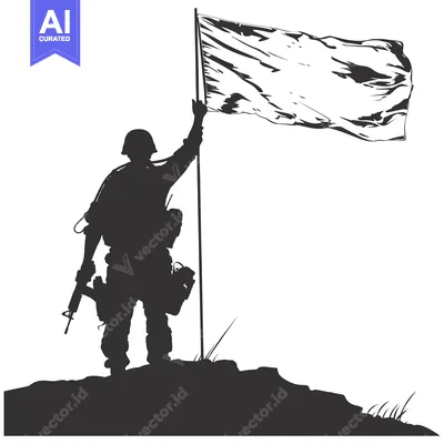 Aset desain premium: Silhouette of a soldier raising a flag on a hill