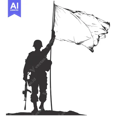 Silhouette of a Soldier Holding a Flag and a Rifle